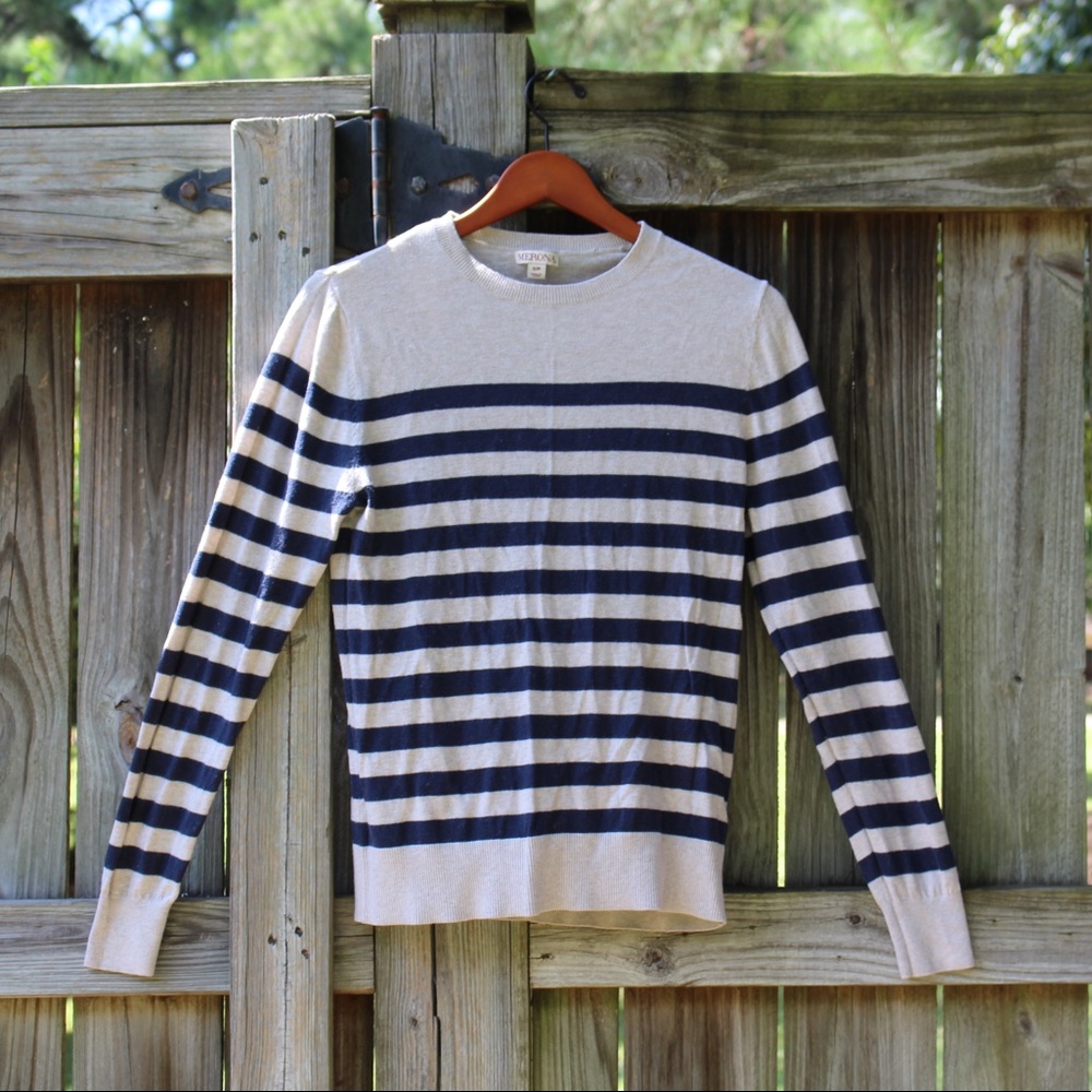 CREAM AND NAVY STRIPED SWEATER